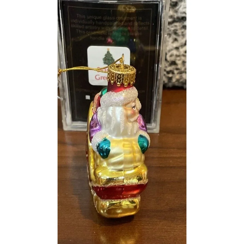Vtg Santa Glass Christmas‎ Ornament Red Sleigh Glitter 3